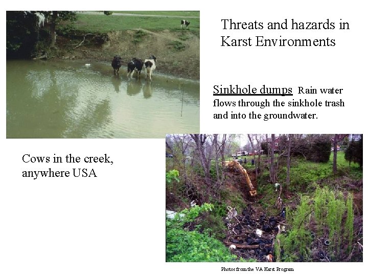 Threats and hazards in Karst Environments Sinkhole dumps Rain water flows through the sinkhole