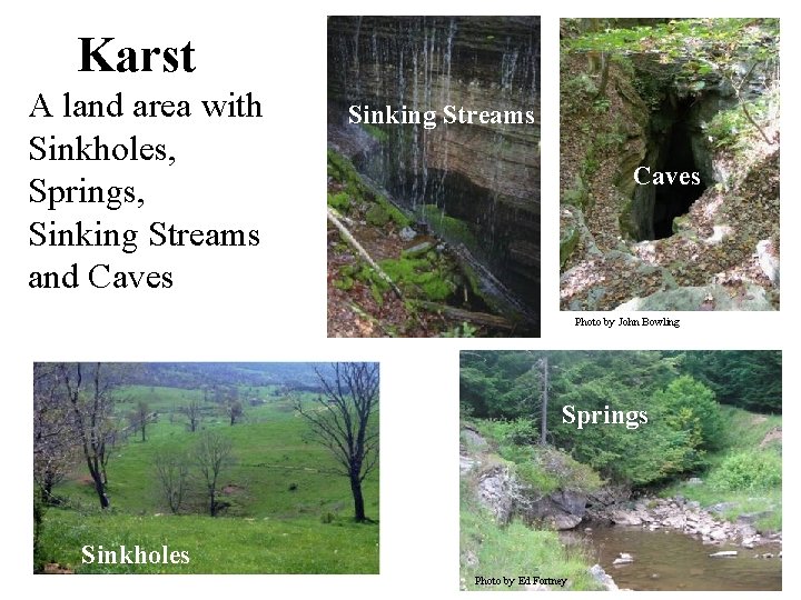 Karst A land area with Sinkholes, Springs, Sinking Streams and Caves Sinking Streams Caves