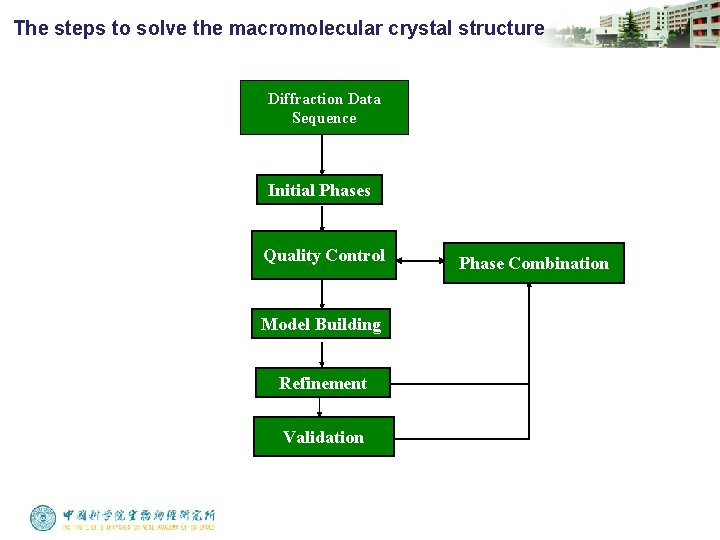 The steps to solve the macromolecular crystal structure Diffraction Data Sequence Initial Phases Quality