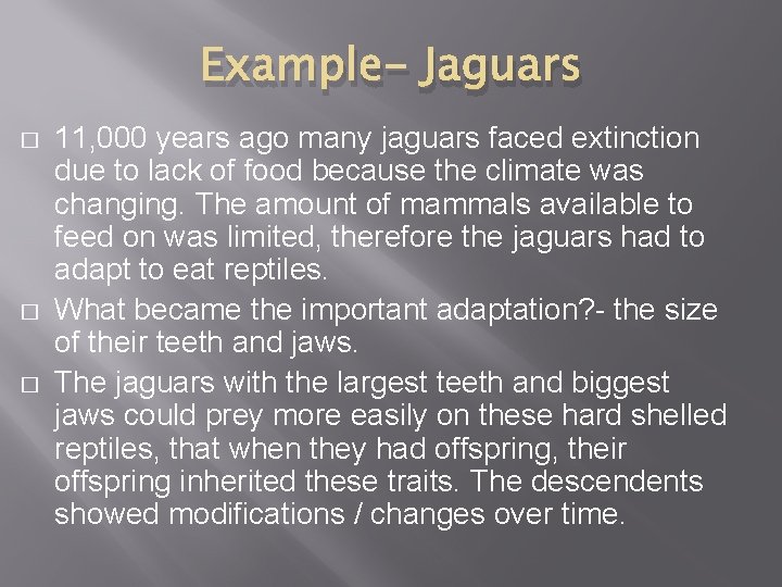 Example- Jaguars � � � 11, 000 years ago many jaguars faced extinction due