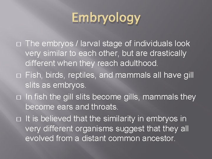 Embryology � � The embryos / larval stage of individuals look very similar to