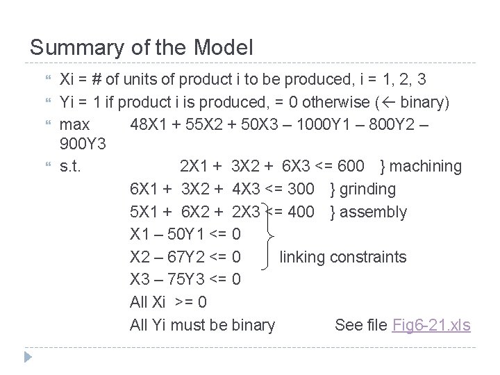 Summary of the Model Xi = # of units of product i to be