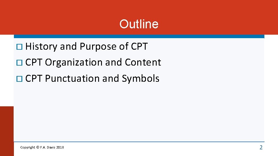 Outline History and Purpose of CPT Organization and Content CPT Punctuation and Symbols Copyright