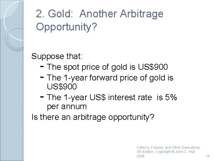 2. Gold: Another Arbitrage Opportunity? Suppose that: - The spot price of gold is