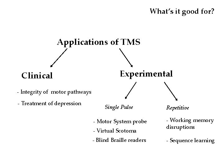 What’s it good for? Applications of TMS Clinical Experimental - Integrity of motor pathways What’s it good for? Applications of TMS Clinical Experimental - Integrity of motor pathways