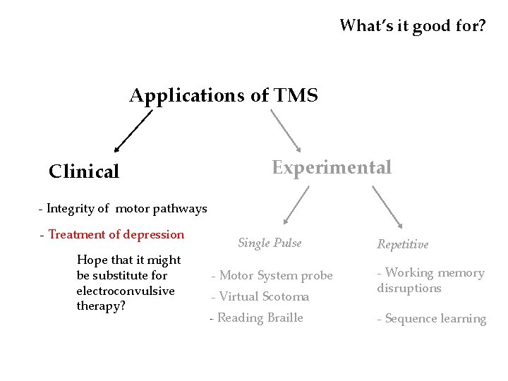 What’s it good for? Applications of TMS Clinical Experimental - Integrity of motor pathways What’s it good for? Applications of TMS Clinical Experimental - Integrity of motor pathways
