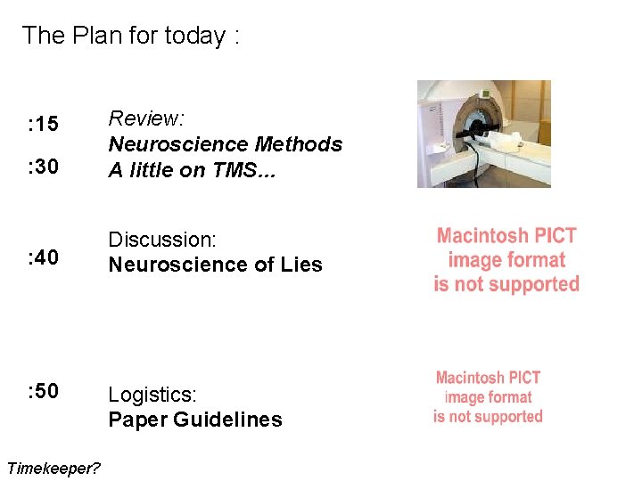 The Plan for today : : 30 Review: Neuroscience Methods A little on TMS… The Plan for today : : 30 Review: Neuroscience Methods A little on TMS…