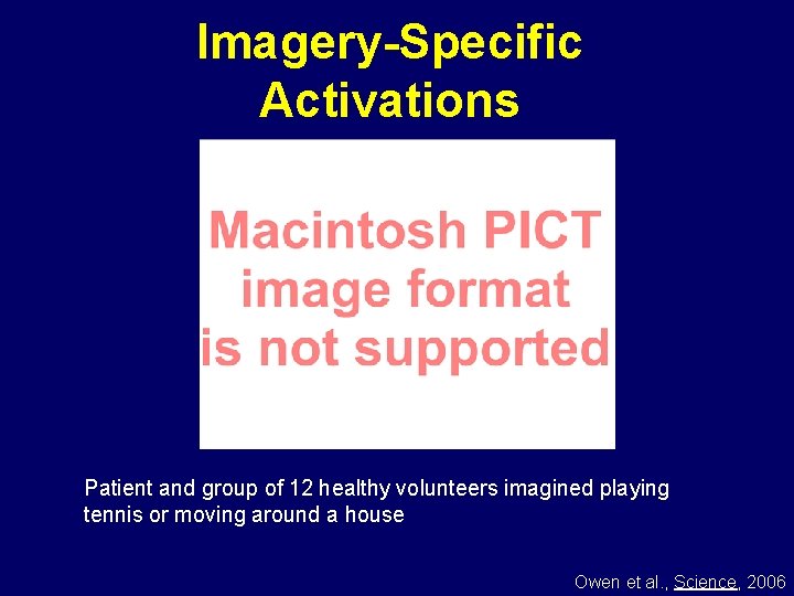 Imagery-Specific Activations Patient and group of 12 healthy volunteers imagined playing tennis or moving Imagery-Specific Activations Patient and group of 12 healthy volunteers imagined playing tennis or moving