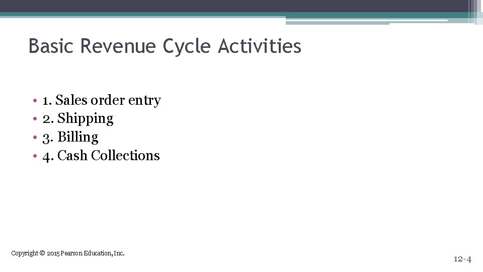 Basic Revenue Cycle Activities • • 1. Sales order entry 2. Shipping 3. Billing