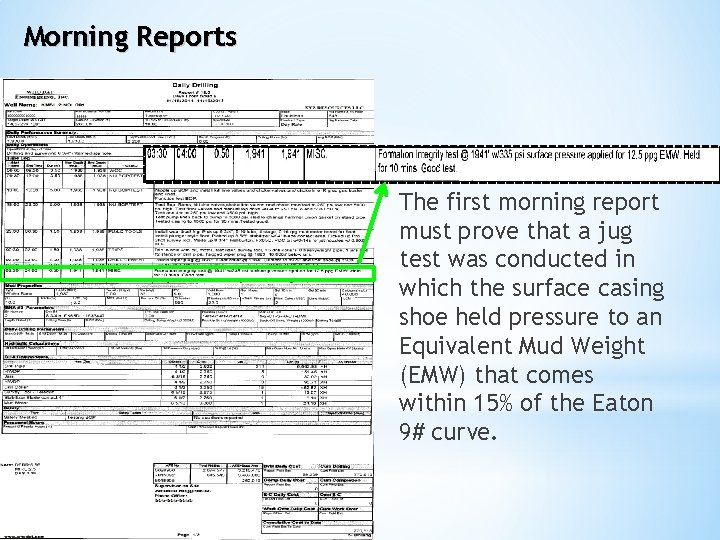 Morning Reports The first morning report must prove that a jug test was conducted