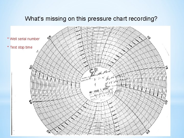 What’s missing on this pressure chart recording? * Well serial number * Test stop