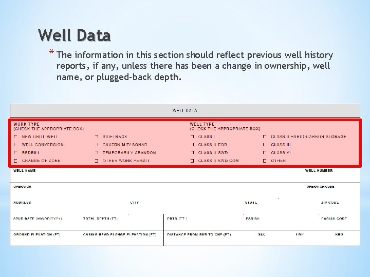 Well Data * The information in this section should reflect previous well history reports,