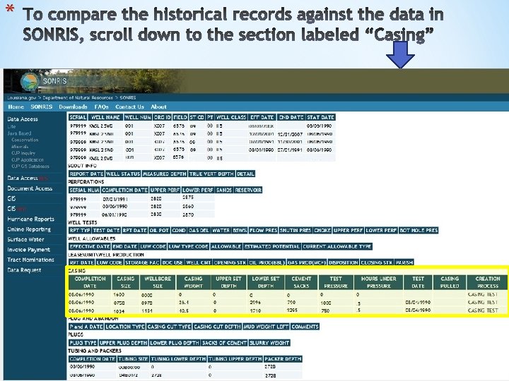 * To compare the historical records against the data in SONRIS, scroll down to