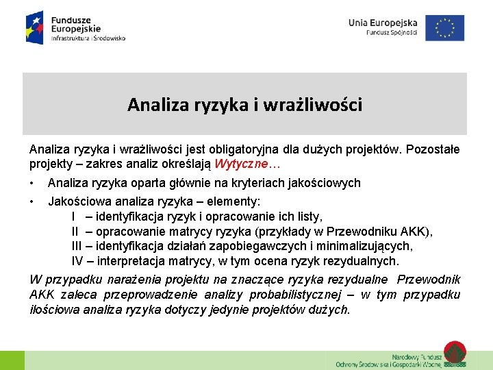 Analiza ryzyka i wrażliwości jest obligatoryjna dla dużych projektów. Pozostałe projekty – zakres analiz