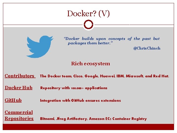 Docker? (V) “Docker builds upon concepts of the past but packages them better. ” Docker? (V) “Docker builds upon concepts of the past but packages them better. ”