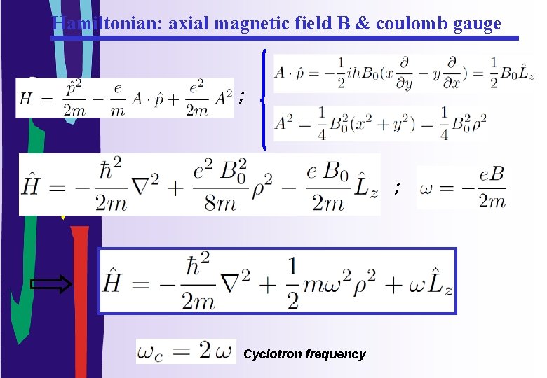 Hamiltonian: axial magnetic field B & coulomb gauge ; ; Cyclotron frequency 
