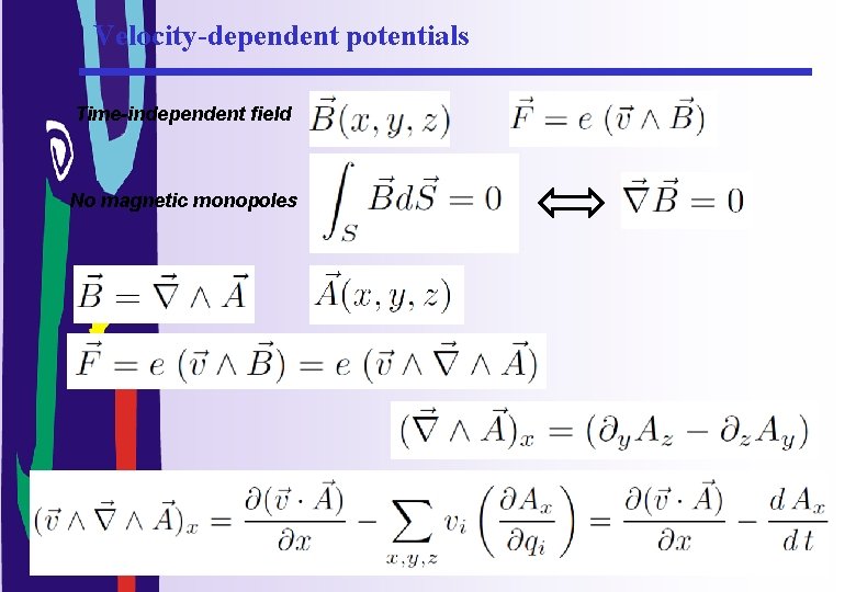 Velocity-dependent potentials Time-independent field No magnetic monopoles 