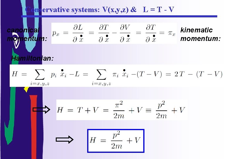Conservative systems: V(x, y, z) & L = T - V canonical momentum: Hamiltonian: