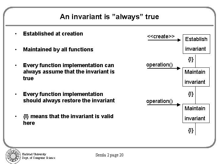 An invariant is ”always” true • Established at creation • Maintained by all functions
