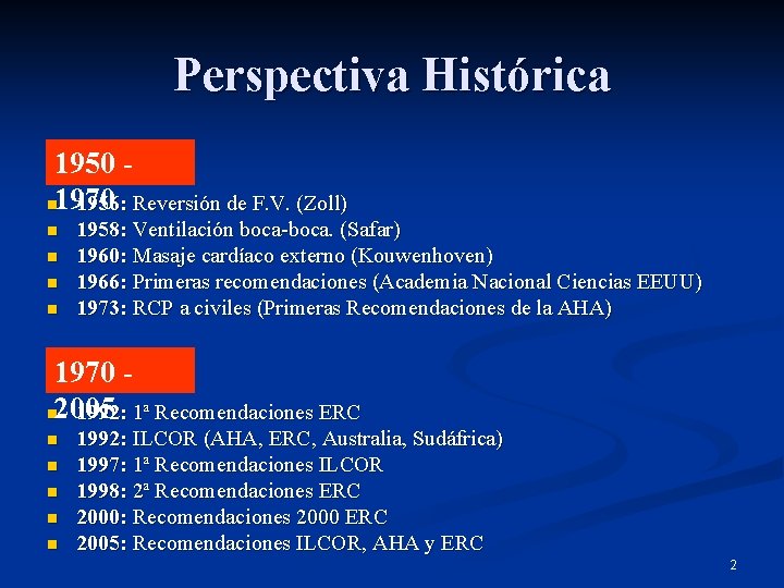 Perspectiva Histórica 1950 n 1970 1956: Reversión de F. V. (Zoll) n n 1958: