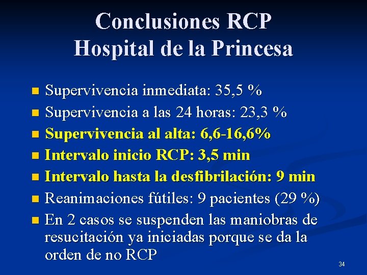 Conclusiones RCP Hospital de la Princesa Supervivencia inmediata: 35, 5 % n Supervivencia a