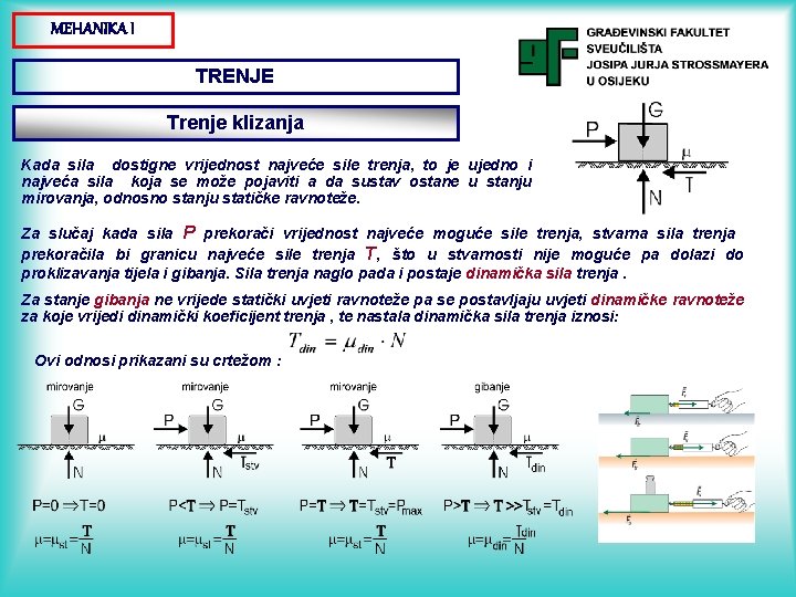 MEHANIKA I TRENJE Trenje klizanja Kada sila dostigne vrijednost najveće sile trenja, to je