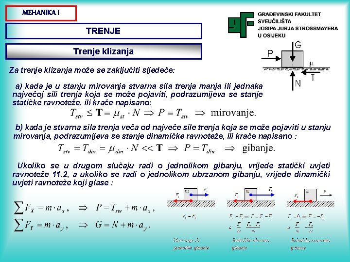 MEHANIKA I TRENJE Trenje klizanja Za trenje klizanja može se zaključiti sljedeće: a) kada