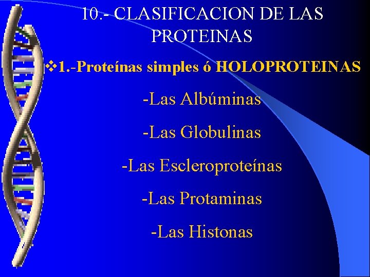 10. - CLASIFICACION DE LAS PROTEINAS v 1. -Proteínas simples ó HOLOPROTEINAS -Las Albúminas