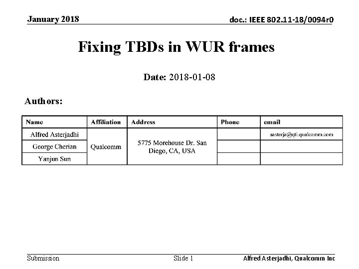 January 2018 doc. : IEEE 802. 11 -18/0094 r 0 Fixing TBDs in WUR