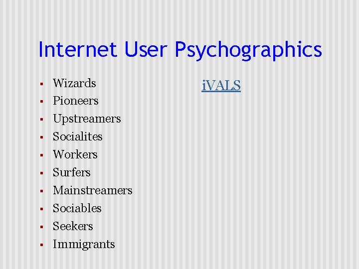 Internet User Psychographics § § § § § Wizards Pioneers Upstreamers Socialites Workers Surfers