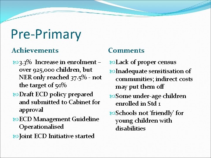 Pre-Primary Achievements Comments 3. 3% Increase in enrolment – over 925, 000 children, but