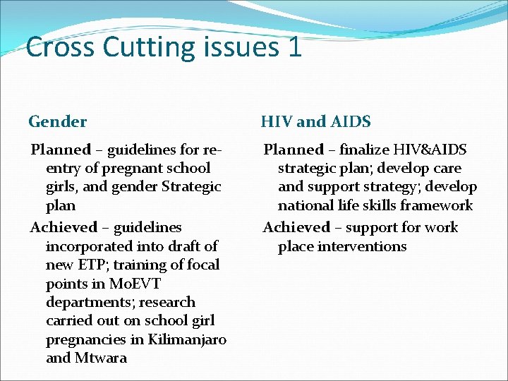 Cross Cutting issues 1 Gender HIV and AIDS Planned – guidelines for reentry of