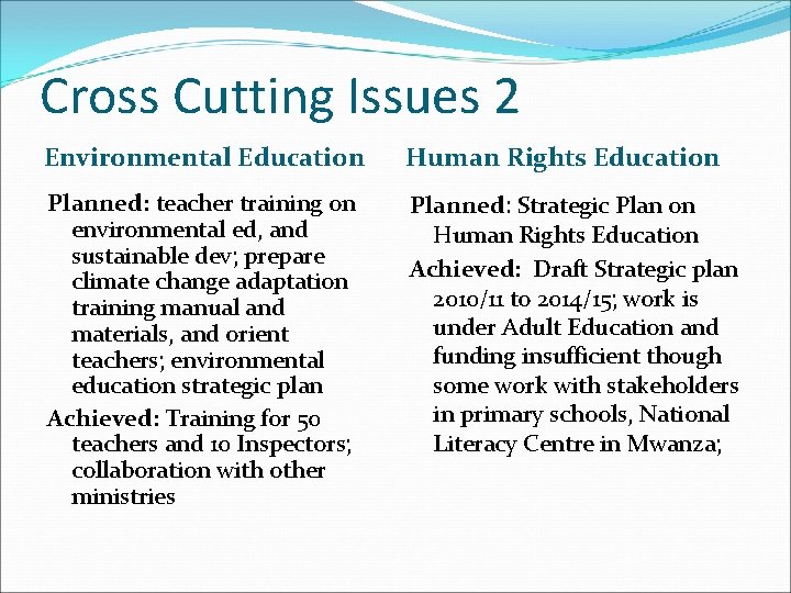 Cross Cutting Issues 2 Environmental Education Human Rights Education Planned: teacher training on environmental