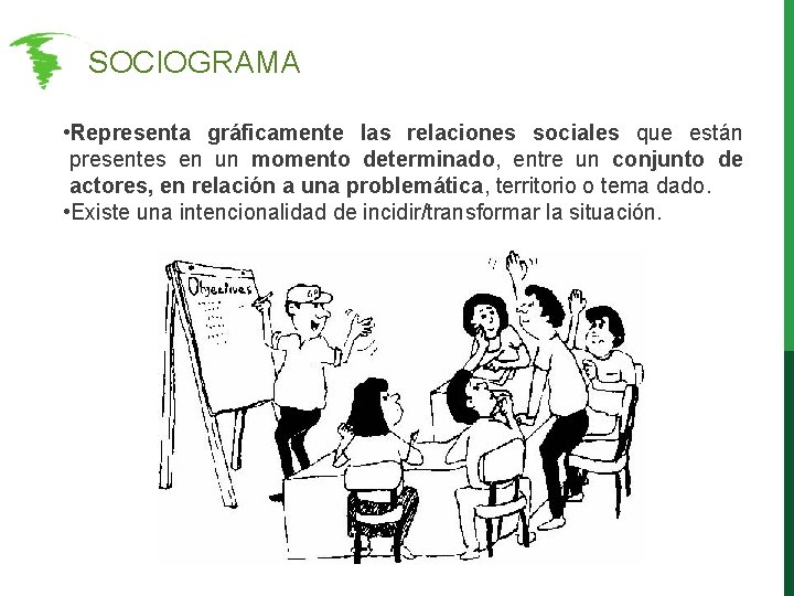 SOCIOGRAMA • Representa gráficamente las relaciones sociales que están presentes en un momento SOCIOGRAMA • Representa gráficamente las relaciones sociales que están presentes en un momento