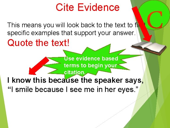 Cite Evidence This means you will look back to the text to find specific