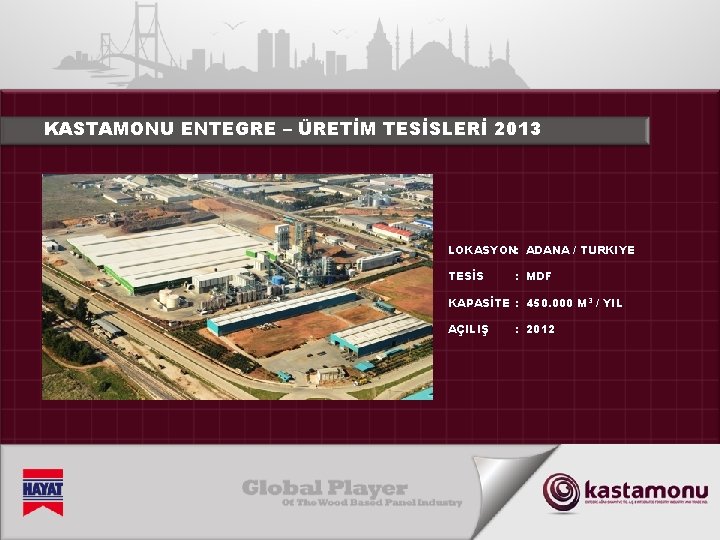 KASTAMONU ENTEGRE – ÜRETİM TESİSLERİ 2013 LOKASYON: ADANA / TURKIYE TESİS : MDF KAPASİTE