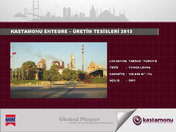 KASTAMONU ENTEGRE – ÜRETİM TESİSLERİ 2013 LOKASYON: TARSUS / TURKIYE TESİS : YONGA LEVHA