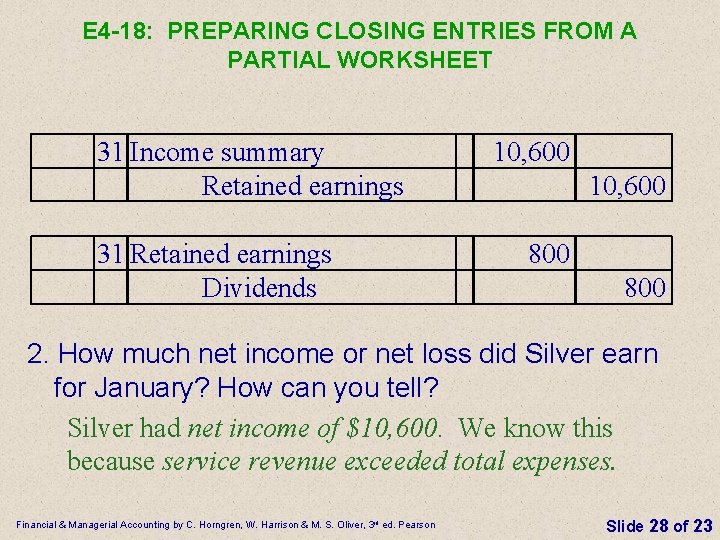 E 4 -18: PREPARING CLOSING ENTRIES FROM A PARTIAL WORKSHEET 31 Income summary Retained