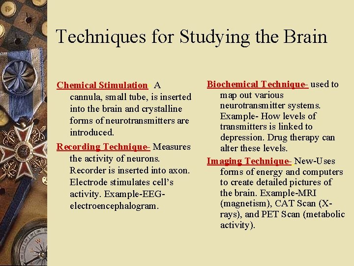Techniques for Studying the Brain Chemical Stimulation- A cannula, small tube, is inserted into