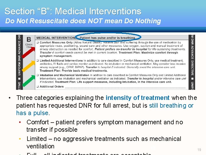 Section “B”: Medical Interventions Do Not Resuscitate does NOT mean Do Nothing • Three