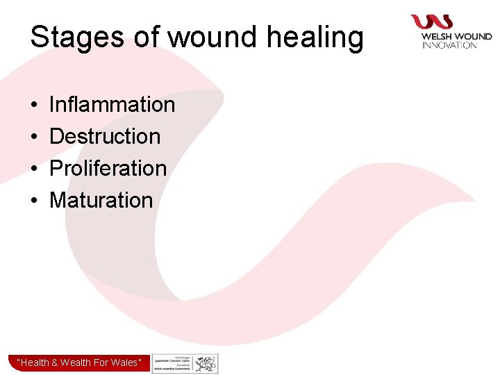 Stages of wound healing • • Inflammation Destruction Proliferation Maturation “Health& & Wealth for