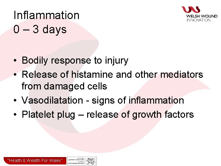 Inflammation 0 – 3 days • Bodily response to injury • Release of histamine