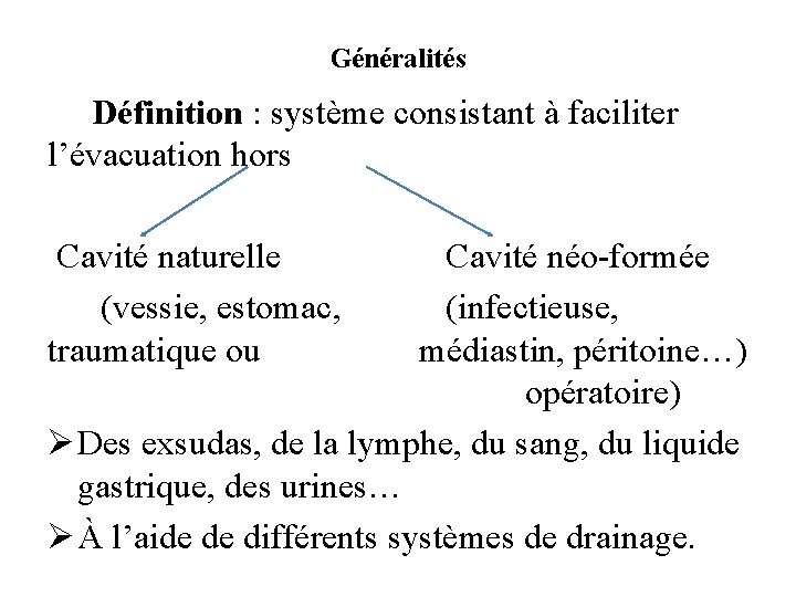 Généralités Définition : système consistant à faciliter l’évacuation hors Cavité naturelle Cavité néo-formée (vessie,