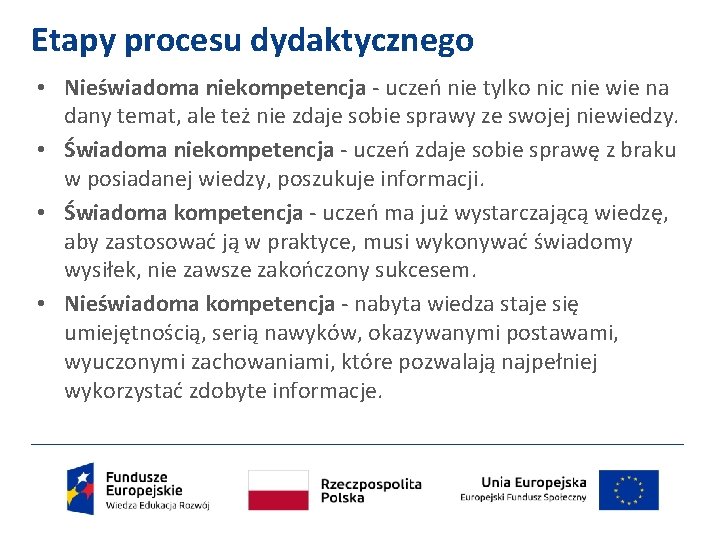 Etapy procesu dydaktycznego • Nieświadoma niekompetencja - uczeń nie tylko nic nie wie na