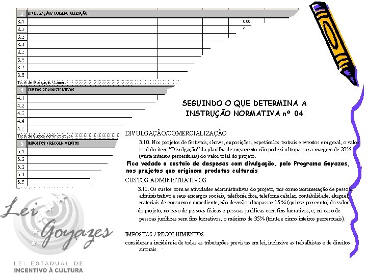 SEGUINDO O QUE DETERMINA A INSTRUÇÃO NORMATIVA nº 04 DIVULGAÇÃO/COMERCIALIZAÇÃO 3. 10. Nos projetos