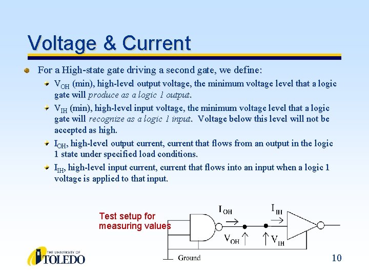 Voltage & Current For a High-state gate driving a second gate, we define: VOH