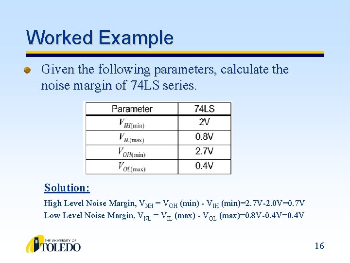 Worked Example Given the following parameters, calculate the noise margin of 74 LS series.