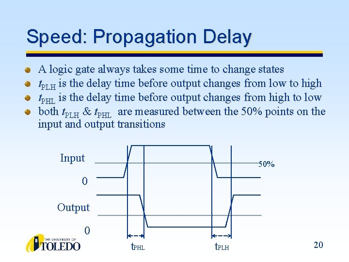 Speed: Propagation Delay A logic gate always takes some time to change states t. Speed: Propagation Delay A logic gate always takes some time to change states t.