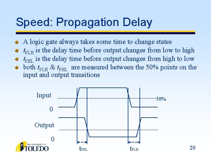 Speed: Propagation Delay A logic gate always takes some time to change states t.