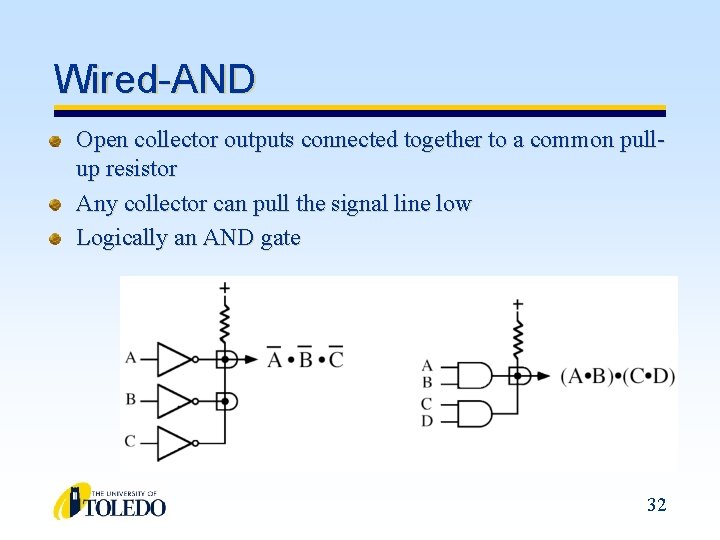 Wired-AND Open collector outputs connected together to a common pullup resistor Any collector can